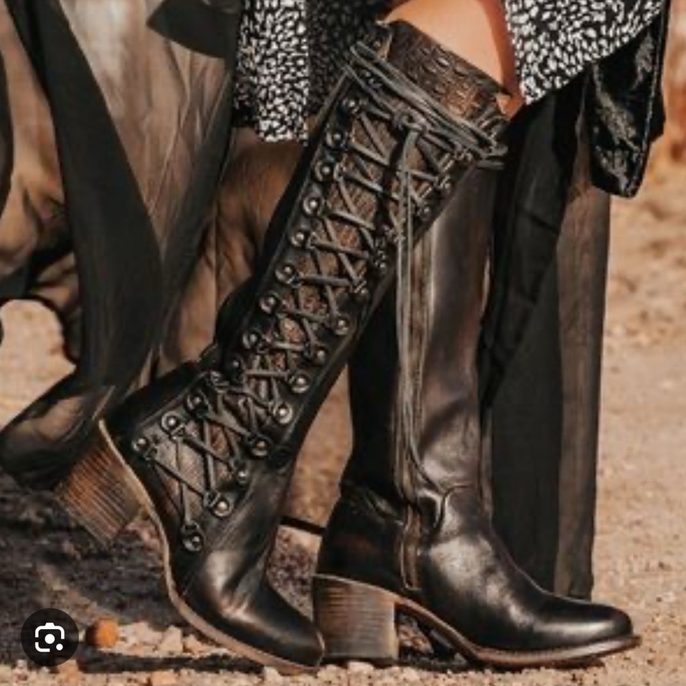 Freebird by Steven Black Leather Lace-Up Knee-High Heeled Boots